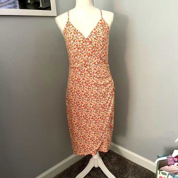 BCBGeneration Floral Spaghetti Strap Side Ruched, Faux Wrap Midi Dress Size 12 - Picture 5 of 5